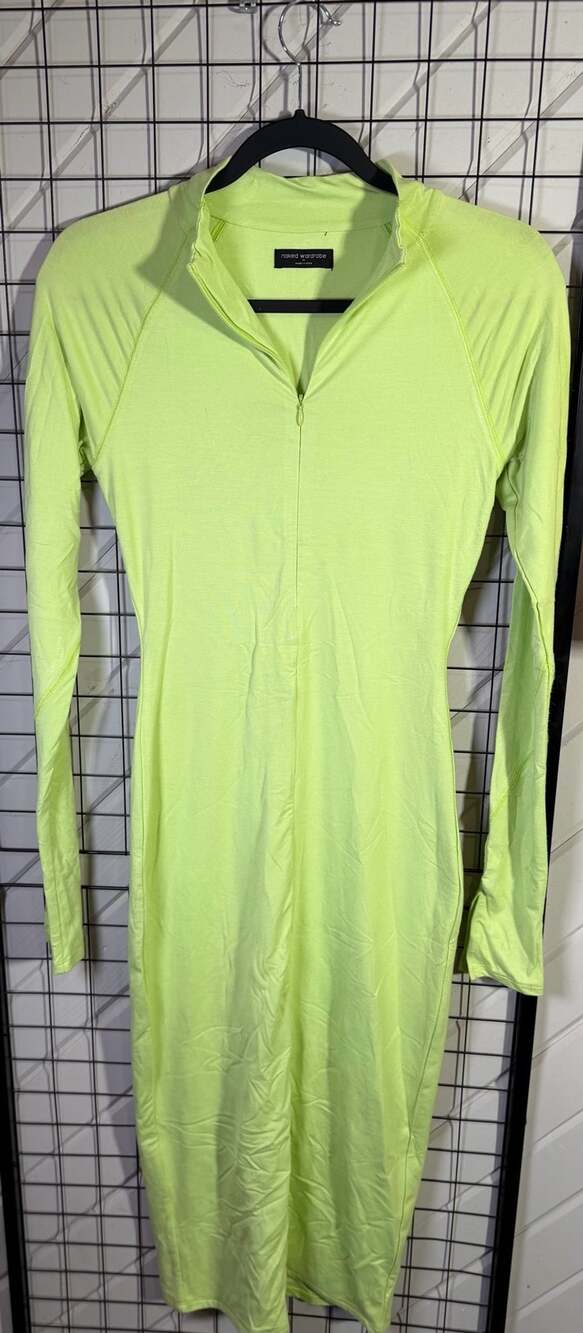 Naked Wardrobe Long Sleeve Midi Dress Size M Lime Green Quarter Zip